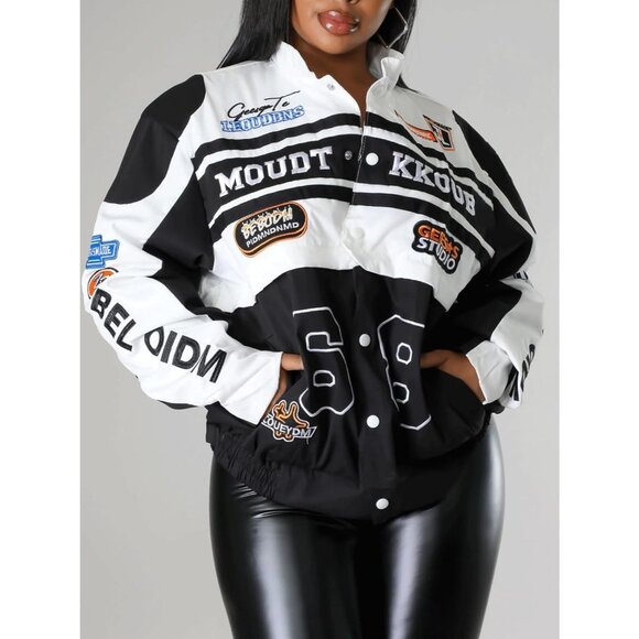 Women Varsity Jacket Motorcycle Racer Detachable Letter Graphic Jackets Black - Picture 2 of 9